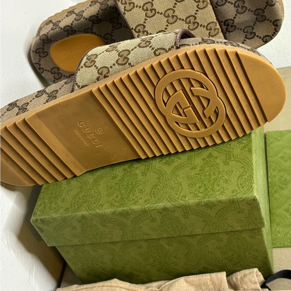 Gucci Beige and Brown Monogram Slides - Picture 12 of 12
